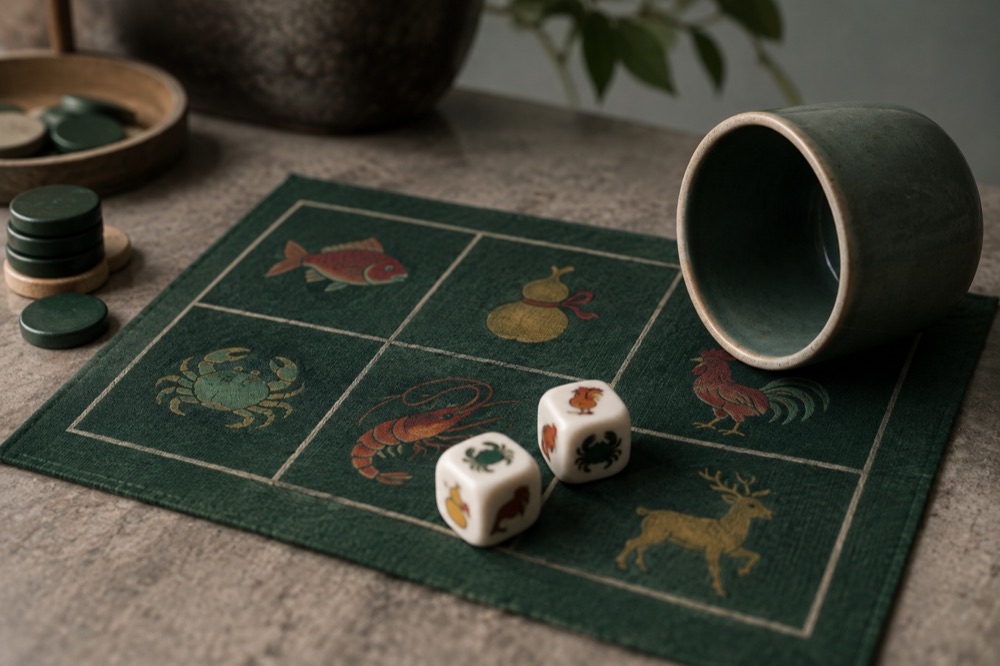 The table: three dice and a lit-up layout The table: three dice and a lit-up layout
